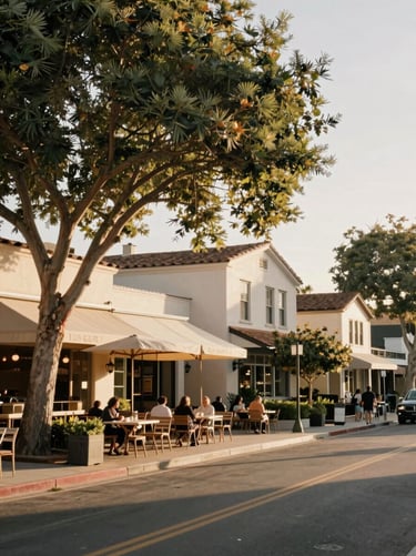 Sun-drenched historic street in Los Gatos with outdoor cafes and mature trees, warm golden hour light, editorial architectural photography