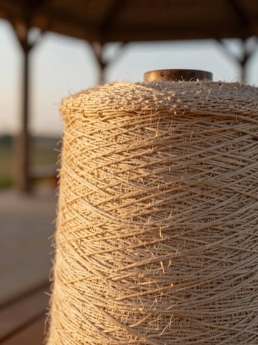 Macro detail of hand-woven linen catching late afternoon golden light inside an open-air pavilion