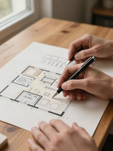 Close-up of hands reviewing a hand-drawn kitchen floor plan on paper spread across a wooden table, a pen held in focus, natural indoor light from a nearby window, no people's faces visible, warm charcoal and cream tones