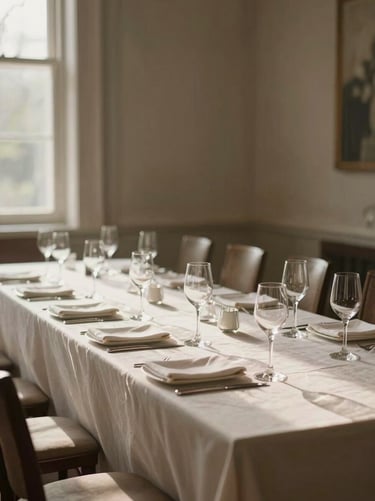 Wide environmental shot of an elegant event table setup from the side, empty glassware and linen on a long table in a softly lit room, natural window light raking across from the left, muted warm tones, no people