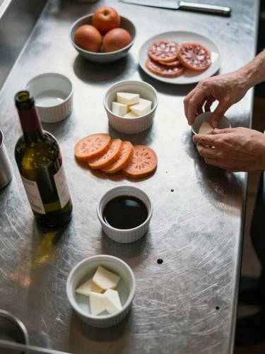 Close overhead study of mise en place on a stainless prep counter — arranged ingredients, a wine bottle on its side, hands partially visible adjusting a small ramekin, available daylight from above, no plating hero shots