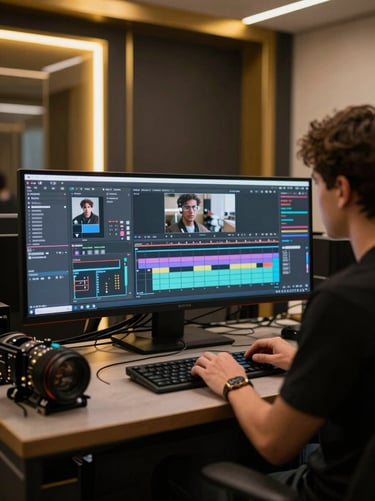 A behind-the-scenes look at an AI-powered editing suite with multiple glowing screens and high-end hardware. The atmosphere is elegant and professional with gold and dark charcoal accents. Global / Western.
