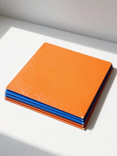 A stack of vibrant orange and electric blue vinyl record sleeves on a clean white floor, sharp direct shadows