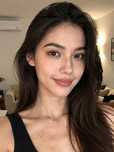 Casual close-up selfie of a charming French woman in a cozy living room, warm ambient lighting, authentic mobile phone photo
