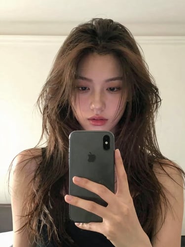 Casual mirror selfie of a young French woman with messy hair holding a smartphone, soft indoor light, authentic social media aesthetic