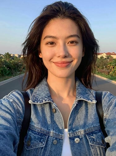 Smartphone selfie of a stylish French woman smiling outdoors during golden hour, natural lighting, casual social media style