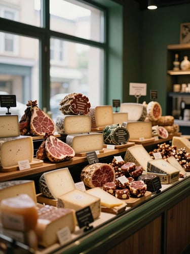 Cozy modern food market interior with neatly arranged specialty cheeses and cured meats under warm lighting, 35mm