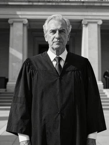 High-contrast black and white portrait of a senior legal advisor in a structured, classic architectural setting with deep shadows.