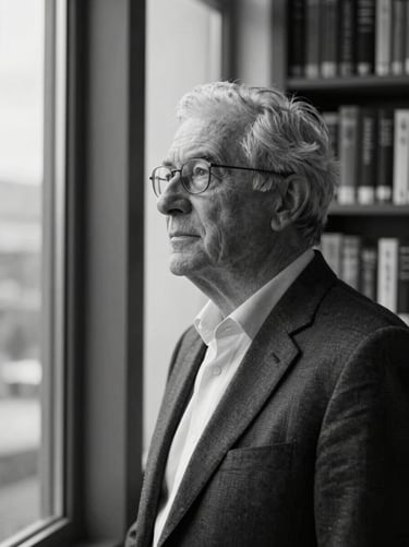 High-contrast black and white portrait of a senior wealth strategist looking thoughtfully near a tall library window.