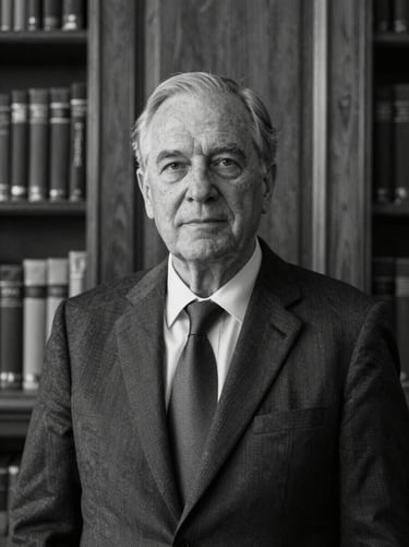 High-contrast black and white portrait of a senior fiduciary officer in a classic wood-paneled library, soft side lighting.