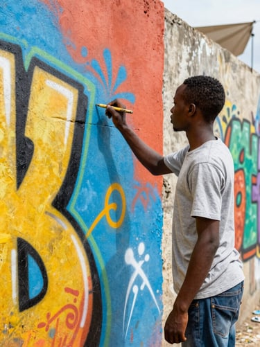 Medium portrait of a young Senegalese graffiti artist painting a colorful mural on a raw urban wall, bright daylight, vibrant saturated colors, documentary style.