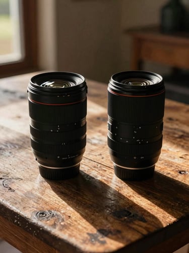 An artistic shot of two different camera lenses sitting on a rustic wooden table in a South African home, with the morning sun casting Deep Forest Green shadows. Reflecting the passion for the craft.