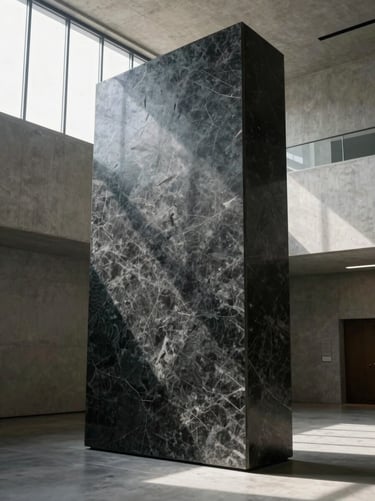 A monumental dark granite floor sculpture standing in a double-height concrete atrium, side light from a high window