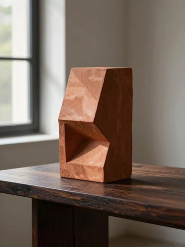 A terracotta tabletop sculpture sitting on a dark oak console table, sharp window light carving out its geometric form