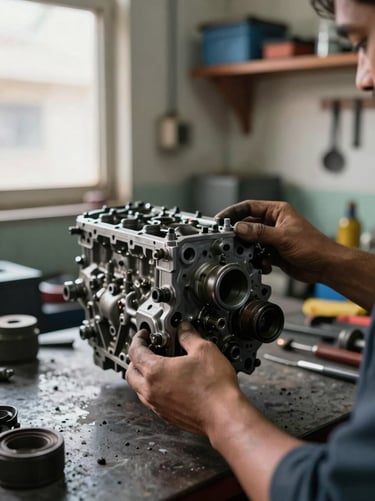 Close-up of a mechanic's hands holding a car engine component on a workbench inside a Nakodar workshop — the part is clean and clearly identifiable, natural light from a window to the left, a blurred background of shelves and tools, practical and documentary in feel