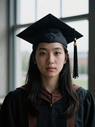 Close-up portrait of a graduate in Ottawa, dramatic directional window light, desaturated tones, 35mm film grain