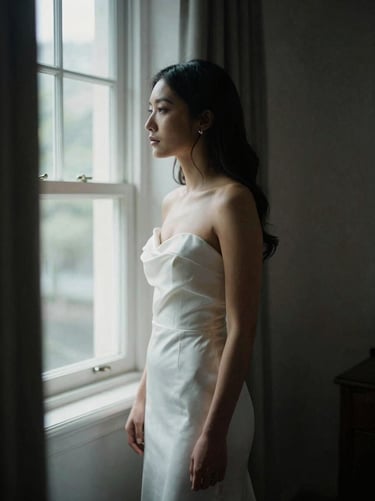 Candid moment at a bridal shower, cinematic framing, natural light casting soft shadows, desaturated cool tones