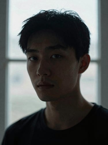 Moody close-up portrait, high-contrast shadows, soft overcast light, shallow depth of field, 35mm film grain
