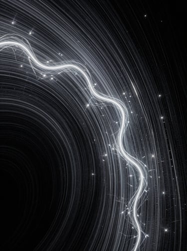 Long exposure photography of light particles moving through a dark charcoal void, representing the interaction of energy with the universe. Cinematic, scientific, and mysterious with milky white light trails.