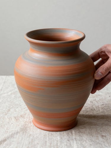 Straight-on product study of a wheel-thrown terracotta vessel, freshly kiln-fired, photographed on a pale linen surface under soft north-facing daylight. The clay surface shows spiral throw marks and subtle kiln blush — ochre and terracotta red graduating into warm grey at the rim. An artisan's hand enters the right edge of the frame, fingers resting against the vessel wall, showing scale and the act of finishing. No lifestyle props, no home-décor styling.