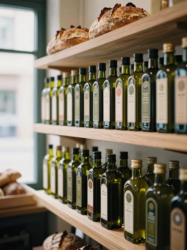 Modern specialty food market interior with neatly organized artisanal olive oil bottles and fresh sourdough loaves on light oak shelves, soft natural morning light, 35mm film aesthetic