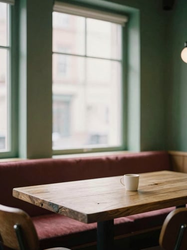 Cozy Scandinavian-style restaurant interior, warm window light illuminating a rustic wooden dining table, minimalist design, soft green accents, shallow depth of field, 35mm film aesthetic