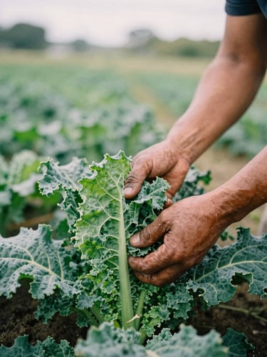 Close-up editorial shot of weathered hands harvesting fresh organic kale in a sunlit agricultural field, soft natural overcast daylight, rich forest green tones, 35mm film aesthetic