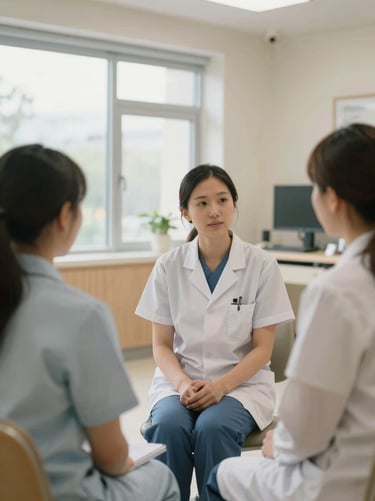Clinical staff in soft-focus consultation inside a clean modern medical facility, natural overcast tones, warm editorial photography, 35mm lens