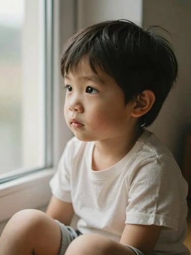 Medium close-up of a young child sitting by a window in soft natural light, showing quiet strength, warm editorial photography, shallow depth of field, 35mm lens