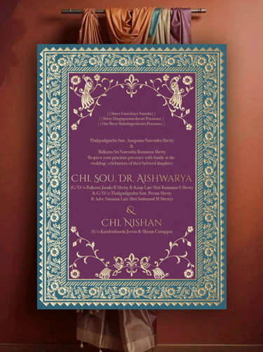 a purple and gold wedding invitation with a purple and gold wedding invitation