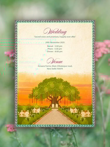 a wedding invitation card with a tree in the background
