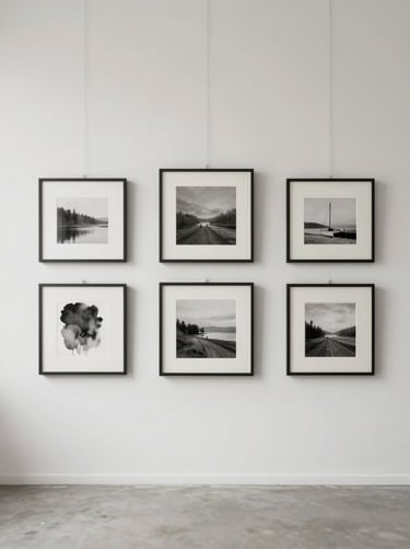 A wide shot of a minimal and elegant artist studio gallery wall with framed photography and watercolor pieces, serene lighting, highlighting professional craftsmanship, dominated by #F5F2EF and #362C27.