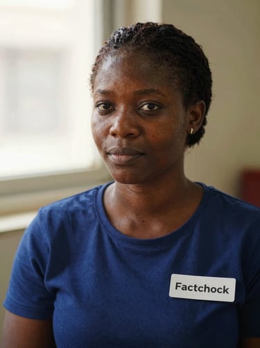 Headshot of a professional Nigerian female fact-checker, warm window light, documentary style, realistic tones.