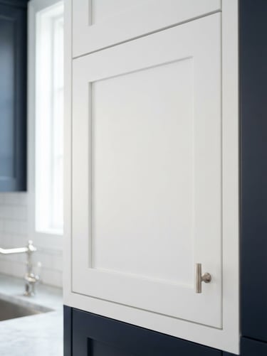 Macro close-up of a perfectly sprayed white kitchen cabinet door, crisp satin finish, natural side lighting
