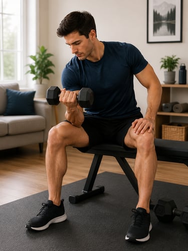 Beginner man performing a dumbbell curl with light weights in a home workout space