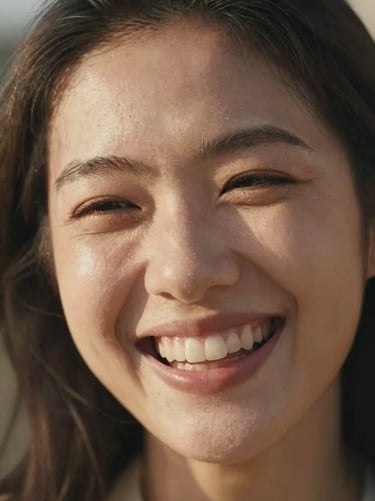 A deeply personal and cinematic close-up of a woman's joyful, authentic smile. North American / US setting. The lighting is warm and sun-drenched, emphasizing genuine human emotion and a friendly, inviting mood.