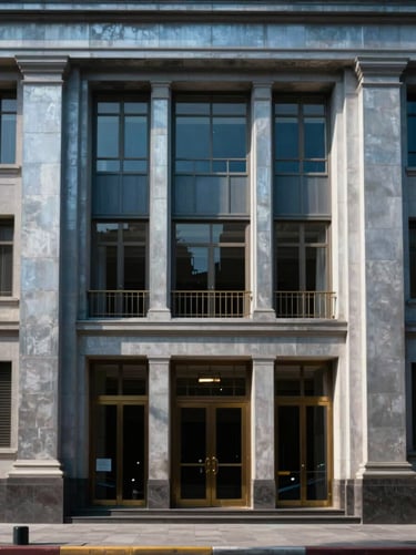 Architectural symmetry of a prestigious Mexican courthouse facade, sharp highlights, steel blue tones, shallow depth of field.