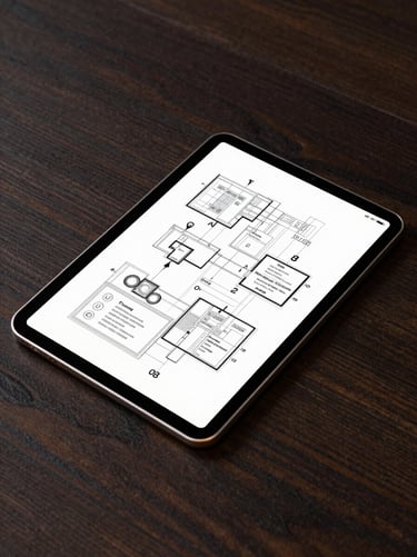 Flat-lay mockup of a premium digital tablet displaying a clean, gold-accented business blueprint on a dark wooden desk, high-contrast studio lighting.