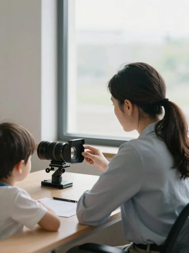 Learning specialist seen from behind seated beside a child at a bright window, light materials on a wooden desk, quiet focused atmosphere, soft diffused light