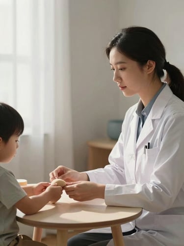 Speech therapist in profile, gentle afternoon light through sheer curtains, child's hands visible holding a soft object on a low round table, calm minimal room