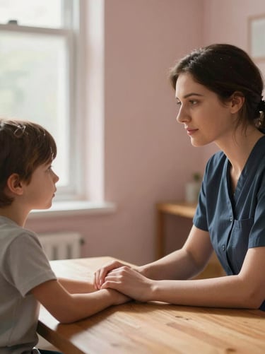 Child therapist seen in soft profile at a low table, natural north-facing window light, calm interior, warm pastel walls, hands resting on a wooden surface