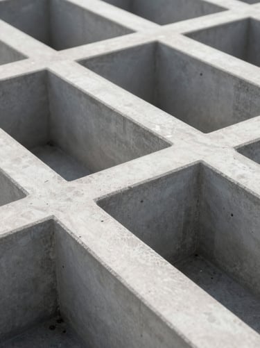 Macro architectural close-up of clean concrete grid lines under sharp daylight, deep shadows, minimalist geometric structure representing stability