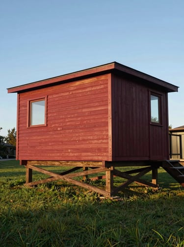 Wide-angle exterior shot of a cantilevered timber retreat, low-angle golden hour light, deep shadows, 35mm