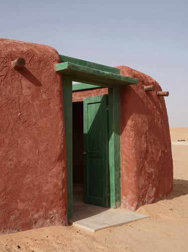 Orthographic view of a modern rammed earth dwelling in the desert, harsh sunlight, deep structural shadows, 35mm