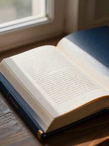 Livro de teologia aberto mostrando tipografia clássica elegante, iluminação natural suave e sombras delicadas