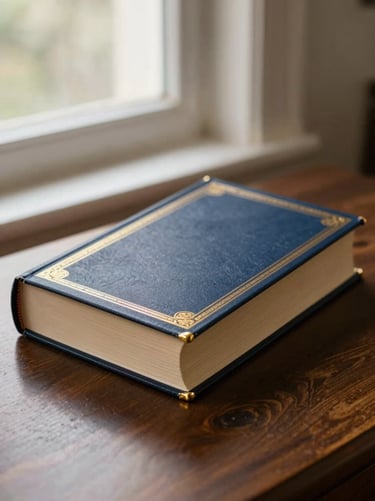 Capa de livro católico clássico com detalhes em dourado sobre mesa de madeira escura, luz suave de janela lateral