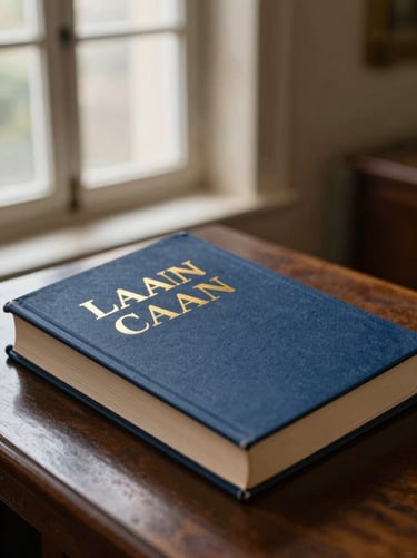 Capa de livro azul-marinho com letras douradas repousando sobre um ambão de capela silenciosa