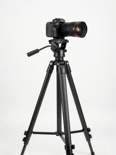 Carbon fiber professional tripod with fluid video head, clean white studio backdrop, sharp product shot