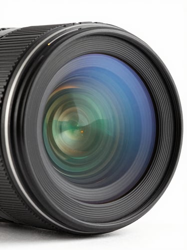 Macro shot of a high-end camera lens front glass element, beautiful blue and green anti-reflective coatings, clean white background