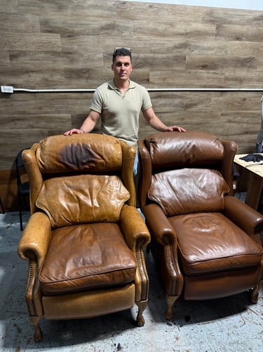 Leather chair restoration in Chicago — full repair and recoloring. This leather chair had heavy wear